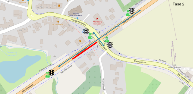 Plattegrond met in rood het werkvak (Napoleonsweg - Thornerstraat) nabij stoplichten weergegeven.