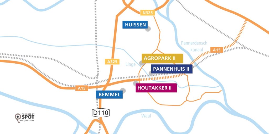 Kaart met de locaties van de bedrijventerreinen 