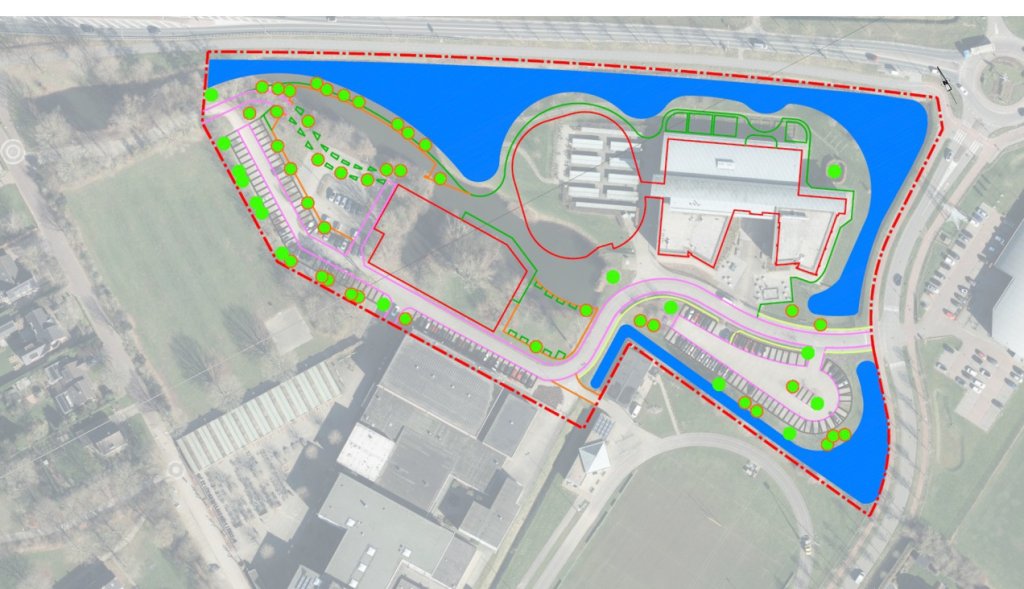 Impressie concept-toekomstige situatie met zichtbaar terug te planten bomen