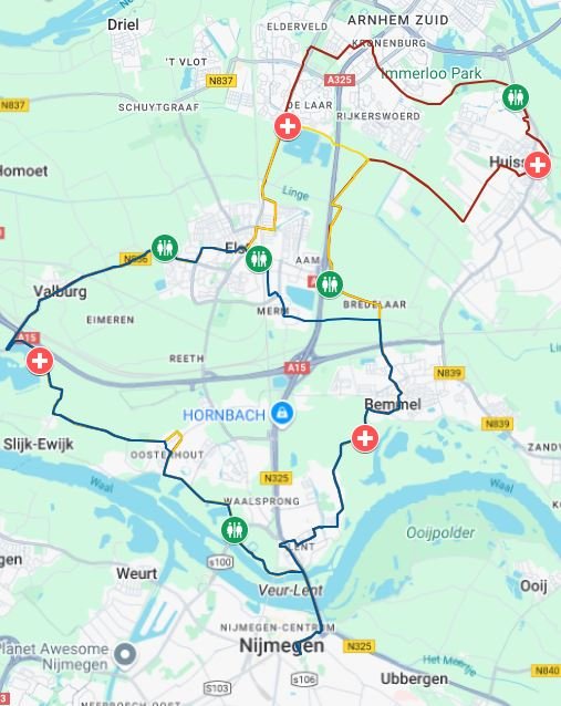 Kaart van de route van dag 1 van de 4Daagse. 