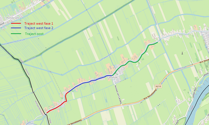 Kaartje waarop trajecten 1, 2 en 3 zijn aangegeven