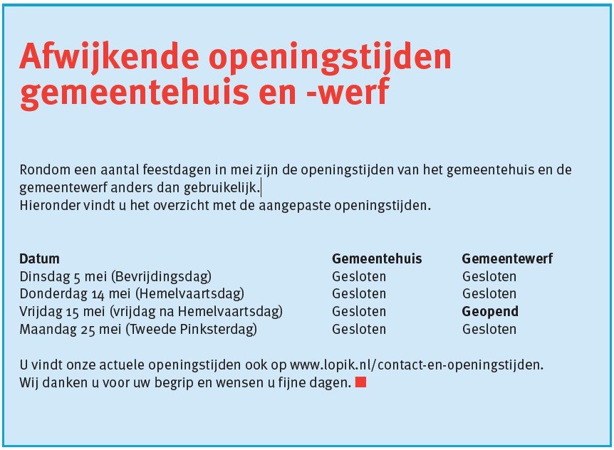 Overzicht met afwijkende openingstijden gemeentehuis en -werf