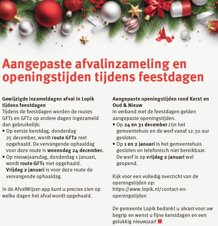 Overzicht data aangepaste afvalinzameling en openingsdagen tijdens feestdagen