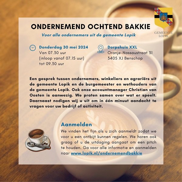 Uitnodiging voor Ondernemend Ochtend Bakkie met op achtergrond 3 kopjes cappuccino