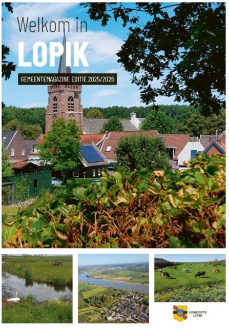 Voorkant omslag gemeentemagazine, met foto's van kern Jaarsveld, zwaan en koeien in weiland en Jaarveld aan de Lek van bovenaf