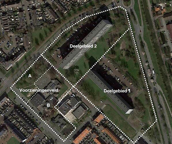 Luchtfoto met daarin aangegeven de deelgebieden rond de Burgemeester Zaneveldstraat