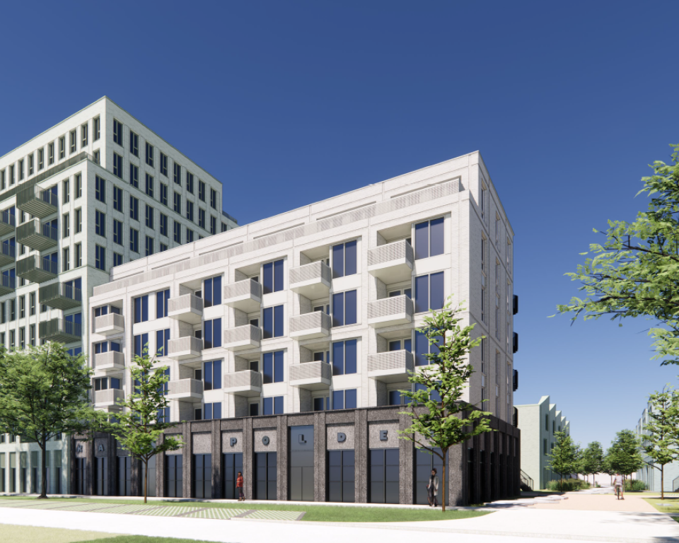 Voorlopige schets van appartementengebouwen in Kapelpolder. Het ontwerp gemaakt door Kokon Architectuur & Stedenbouw kan nog veranderen.