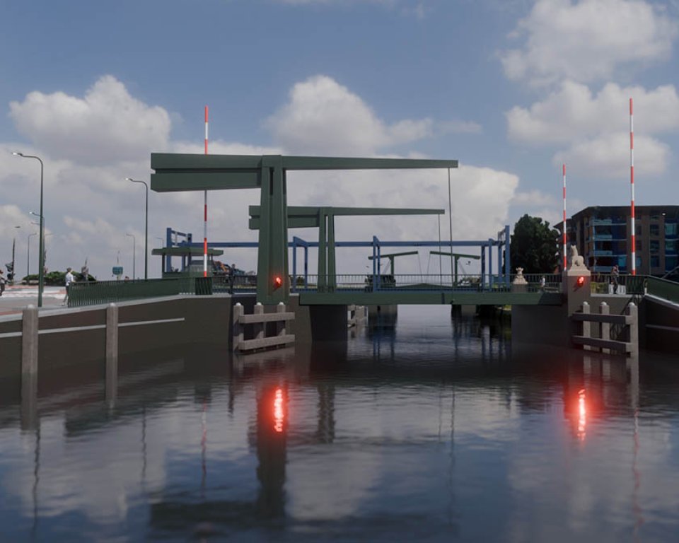 Ontwerptekening 'Monumentaal slank' van de Koepaardbrug gezien vanaf het water.