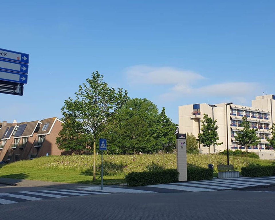 Foto van het stadhuis en het routebord daar ernaar wijst
