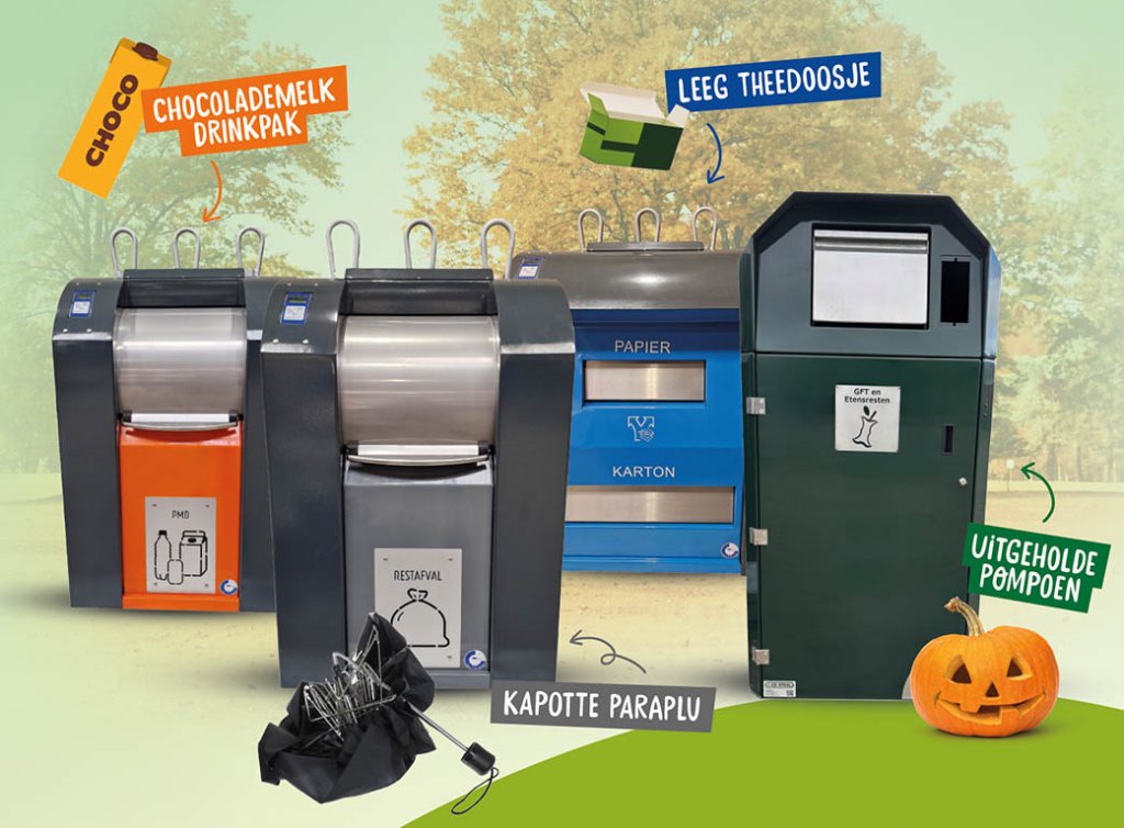 Samengestelde afbeelding afval scheiden in de herfst met de tekst en afbeeldingen: chocolademelk drinkpak bij oranje pmd container, kapotte paraplu bij restafval container, leeg theedoosje bij oud papier container en uitgeholde pompoen bij gft+e container