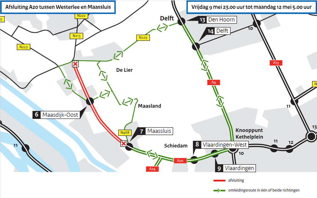 Deze afbeelding toont de wegafsluiting op de A20 van Westerlee to de op en afrit Maassluis van 9 tot en met 12 mei 2025