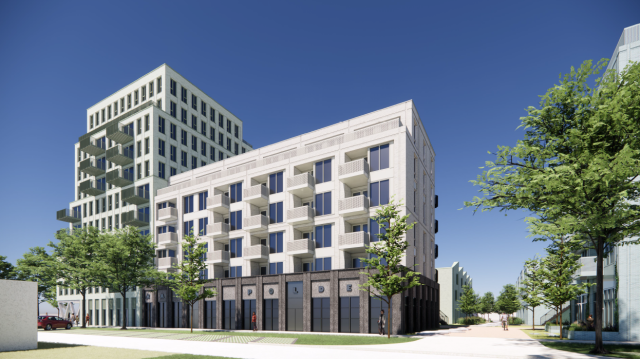 Voorlopige schets van appartementengebouwen in Kapelpolder. Het ontwerp gemaakt door Kokon Architectuur & Stedenbouw kan nog veranderen.