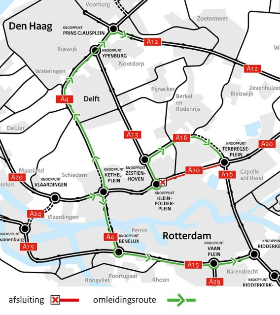 Kaart met de omleidingsroutes voor de afsluiting van de A20 tussen Kleinpolderplein en Terbregtseplein