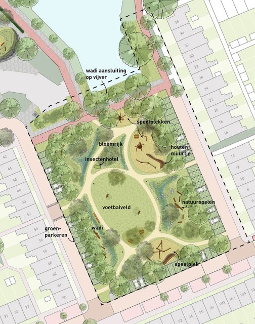 Ontwerptekening van het grasveld in de Vertowijk met onder andere daarop ingetekend een voetbalveld, speelplakken, een insectenhotel, een wadi en parkeren in het groen