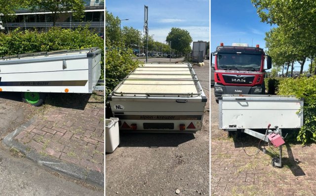 Foto's van de zij-, achter- en voorkant van de aanhanger aan de Industrieweg 100