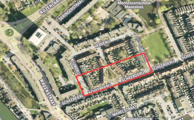 Plattegrond/luchtfoto van het gebied tussen Ververij, Kluwerij en Scheerderij waar de mobiele camera-unit is geplaatst