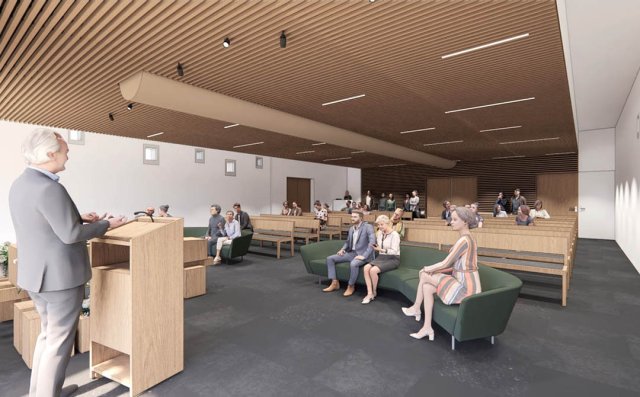 Getekende impressie van de nieuwe aula op de Nieuwe Begraafplaatsrpessie 