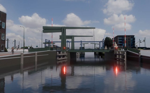 Ontwerptekening 'Monumentaal slank' van de Koepaardbrug gezien vanaf het water.
