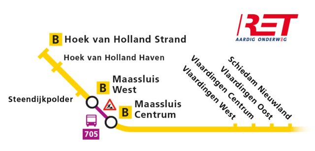 RET lijnenkaart met daarop aangegeven de werkzaamheden bij de Havenspoorbrug in Maassluis en pendelbus 705 