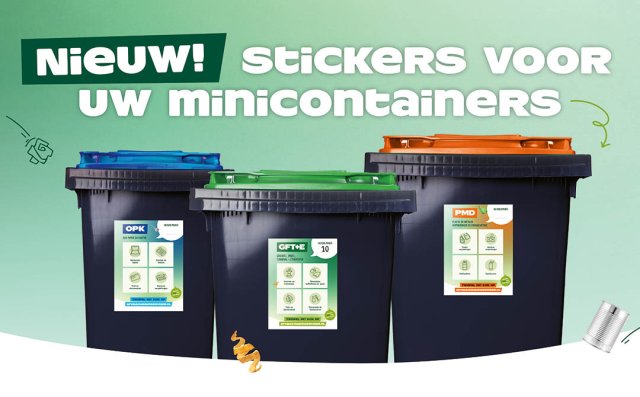 Afbeelding met drie minicontainers met de stickers erop die besteld kunnen worden en daarbij de tekst: Nieuw! Stickers voor uw minicontainers.