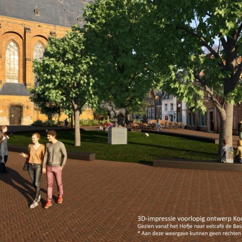 3D-impressie voorlopig ontwerp Koorkerkgebied. Gezien vanaf het Hofje naar eetcafé De Basiliek
