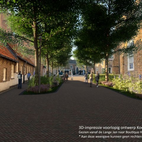 3D-impressie voorlopig ontwerp Koorkerkgebied. Gezien vanaf de Lange Jan naar Boutique Hotel The Roosevelt.