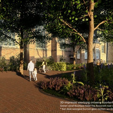 3D-impressie voorlopig ontwerp Koorkerkgebied. Gezien vanaf Boutique Hotel The Roosevelt naar de Lange Jan