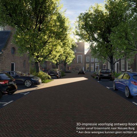 3D-impressie voorlopig ontwerp Koorkerkgebied. Gezien vanaf Groenmarkt naar Nieuwe Burg