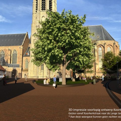 3D-impressie voorlopig ontwerp Koorkerkgebied. Gezien vanaf Koorkerkstraat naar de Lange Jan. 
