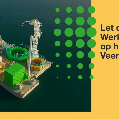 In zwarte letters: Let op! Werkzaamheden op het Veerse Meer