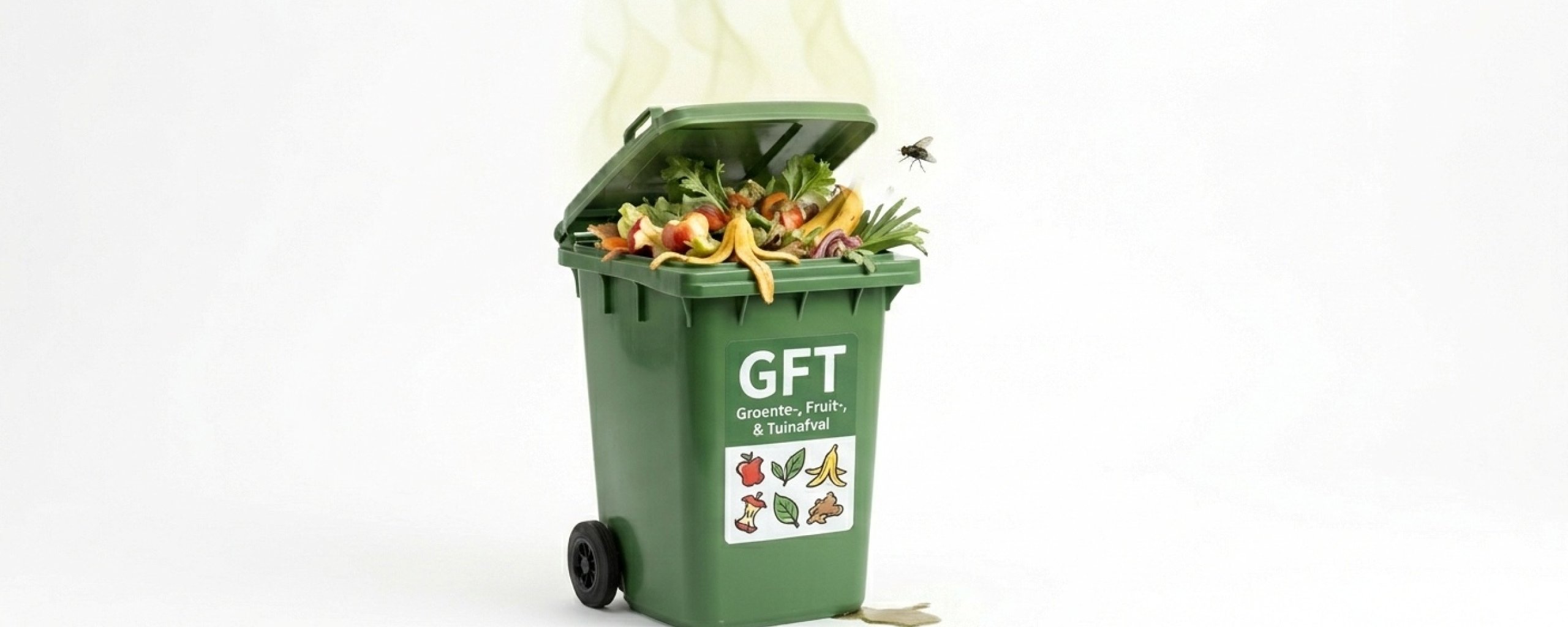 Op de groene container staat in witte letters GFT Groente Fruit en Tuinafval