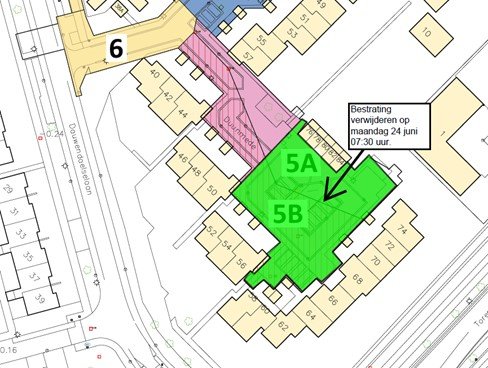 Groene markering geeft aan dat op maandag 24 juni vanaf 7.30 uur bestrating in de Duunmede wordt verwijderd.