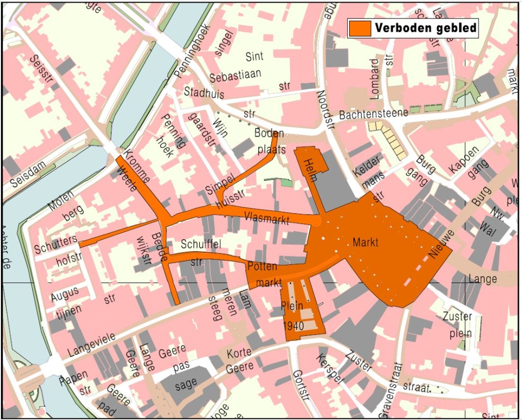 In oranje vlakken staat het uitgaansgebied in centrum van Middelburg aangegeven
