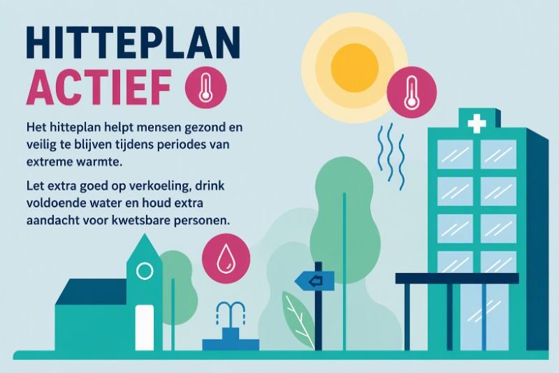 Hitteplan actief: het hitteplan helpt mensen gezond en veilig te blijven tijdens periodes van extreme warmte. Let extra goed op verkoeling, drink voldoende water en houd extra aandacht voor kwetsbare personen