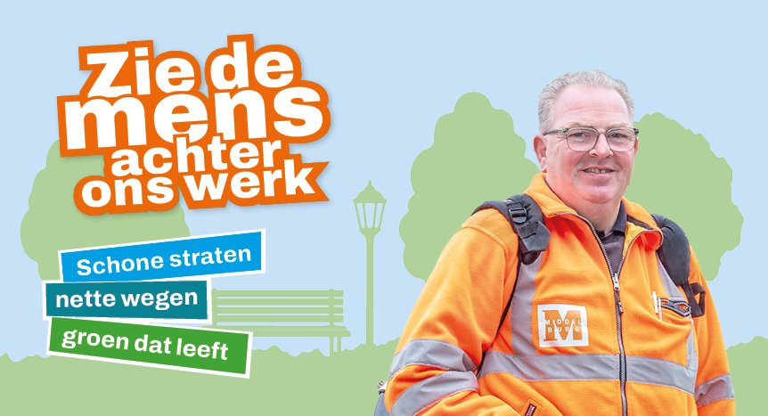 Foto van buitendienstmedewerker Alex met de tekst Zie de mens achter ons werk. Schone straten, nette wegen, groen dat leeft
