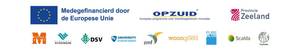 Logo Europese Unie met de tekst Medegefinancierd door de Europese Unie, met logo's deelnemende partijen: OPZUID Europees programma voor transitiegedreven innovatie, provincie Zeeland, gemeente Middelburg, gemeente Vlissingen, DSV, HZ University of Applied Sciences, ZLM, Woongoed, Pure Blue, Scalda, CitySeeds