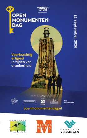 Poster gemeenten Veere Middelburg en Veere met als thema Veerkrachtig erfgoed in tijden van onzekerheid