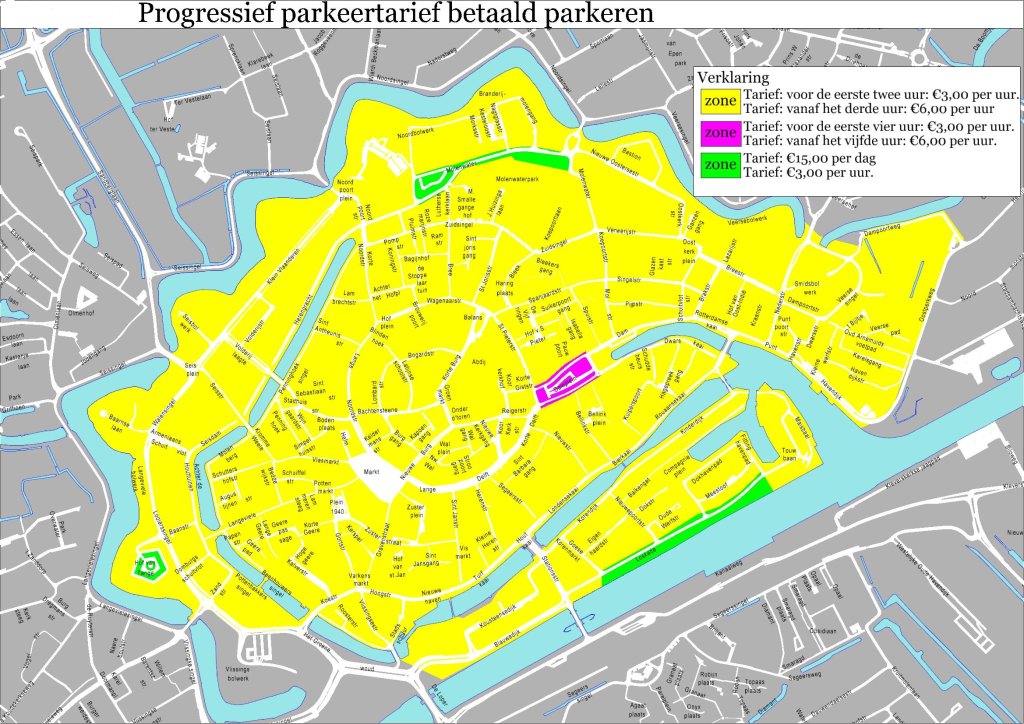 De plattegrond is opgedeeld in de kleuren geel, roze en groen. Iedere kleur aan welke tarief u per uur moet betalen.