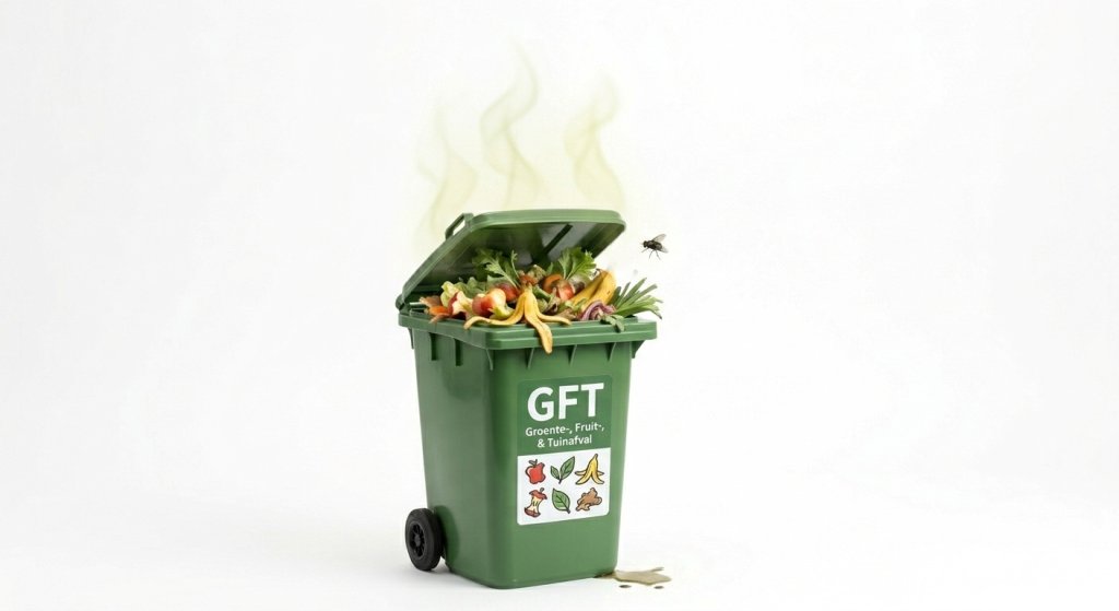 Op de groene container staat in witte letters GFT Groente Fruit en Tuinafval