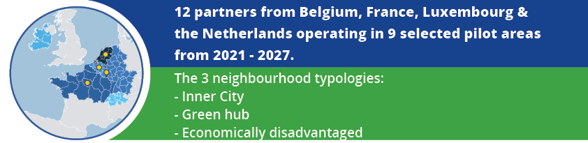 Blauw groene kaart met daarop de tekst: 12 partners form Belgium, France, Luxembourg & the Netherlands operating in 9 selected areas from 2021-2027. The 3 neighbourhood typologies: inner city, green hub, economically disadvantaged