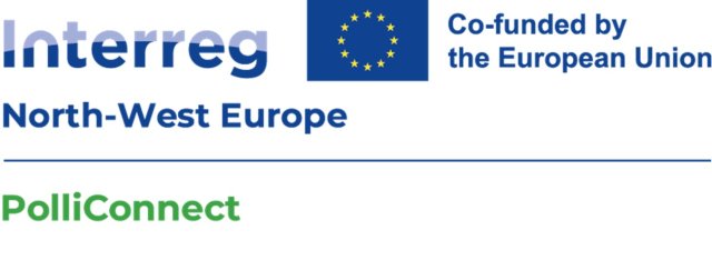 Projectlogo met vlag Europa. Blauwe tekst: Interreg North-West Europe Co-funded by the European Union. Groene tekst: PolliConnect