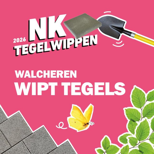 In witte letters 2026 NK tegelwippen Walcheren wipt tegels op roze achtergrond