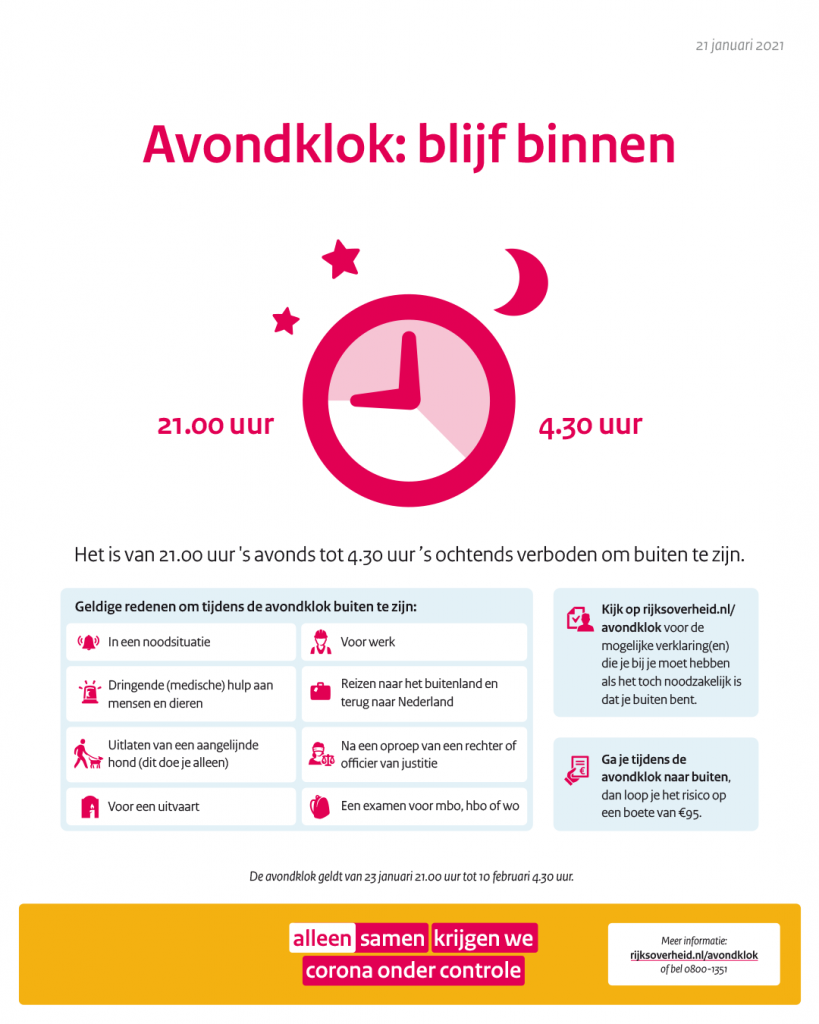 avondklok, blijf binnen tussen 21.00 uur en 4.30 uur