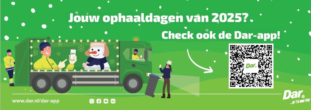 Winterse Dar-afvalwagen met QR-code voor de Dar- app met ophaaldagen in 2025.