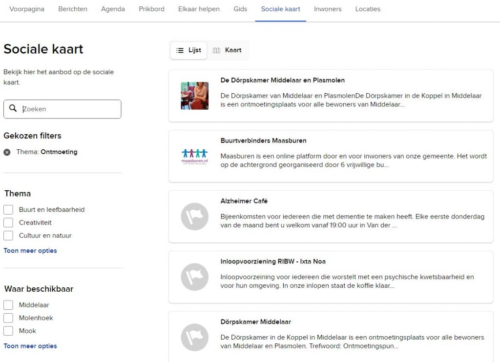 screenshot van Maasburen.nl/sociale-kaart waar in de linker kolom gefilterd is op “ontmoeting”. In het rechter vlak een lijst met organisaties die dit heeft opgeleverd: De Dorpskamer Middelaar en Plasmolen, Buurtverbinders Maasburen, Alzheimer Café en Inloopvoorziening RIBW – Ixta Noa