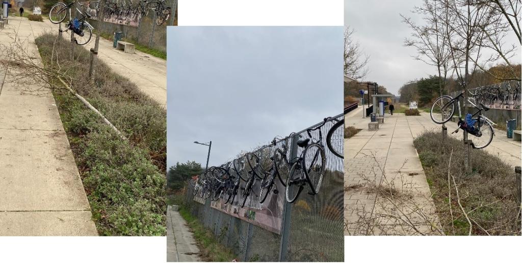 vernielde fietsen aan een hek en omgeduwde bomen