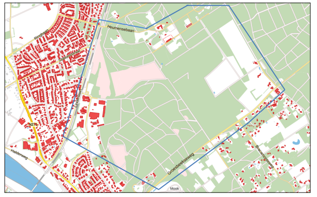 Plattegrond met de scope van de Ecozone: natuurgebied de Heumense Schans en de daar aangrenzende wegen, activiteiten en objecten. 