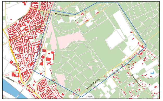 Plattegrond van het gebied van de Ecozone. Dit is natuurgebied de Heumense Schans en de daaraan grenzende wegen