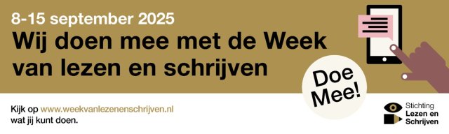Banner Week van lezen en schrijven met datum en oproep om mee te doen.