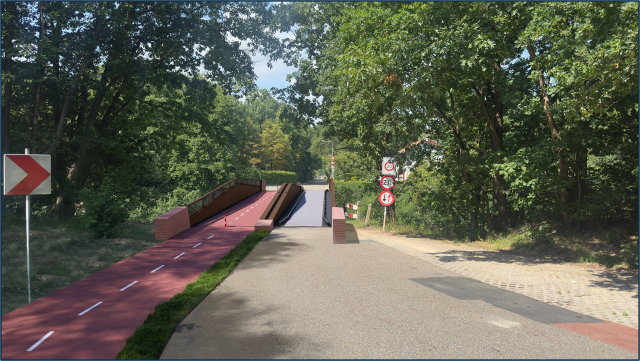 Artistieke impressie van het vernieuwde viaduct op de Heumensebaan, gezien vanaf de zijde Jachtslot. Links ligt een rood fietspad met leuning, rechts een aparte rijbaan voor gemotoriseerd verkeer.